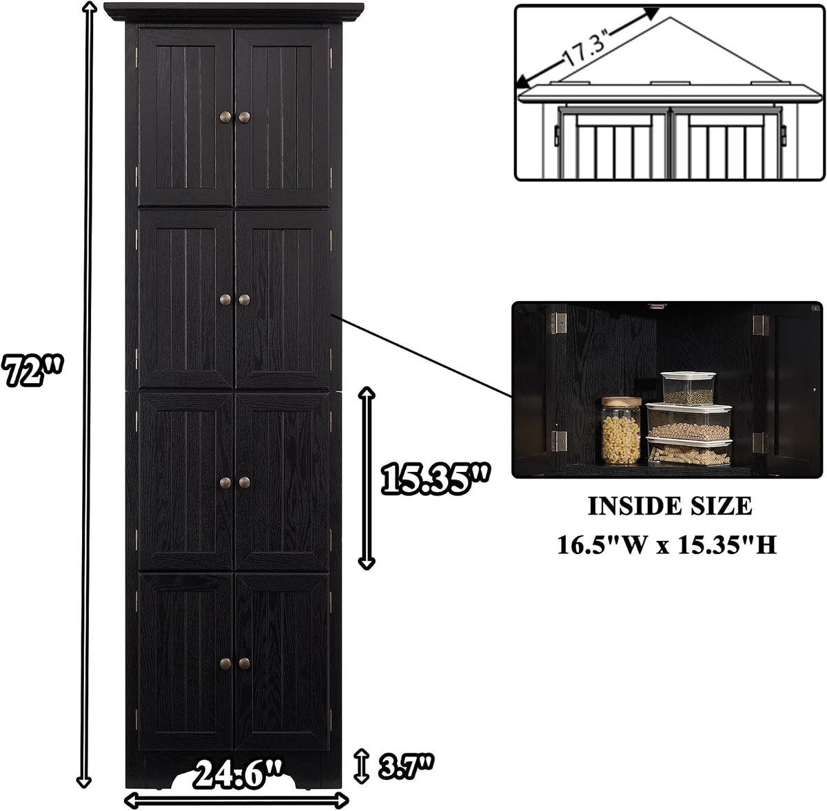 72' H Farmhouse Corner Storage Cabinet with 8 Doors & 4 Shelves, 4 Tier Kitchen Corner Pantry Cabinet Wooden Organizer Case Bookshelf, Home Space Saver Cabinet for Kitchen,Living Room(Black)