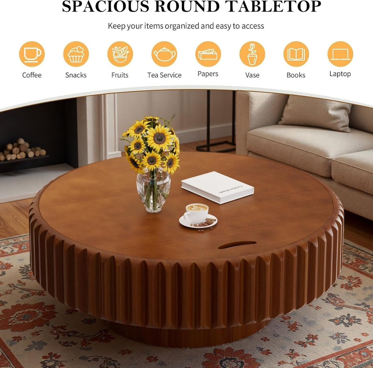 Round Drum Fluted Coffee Table with Storage for Living Room Modern Circle Coffee Table with Pedestal Center Tables Fluted Accent Tea Tables for Apartment Living Room (L31.5IN)
