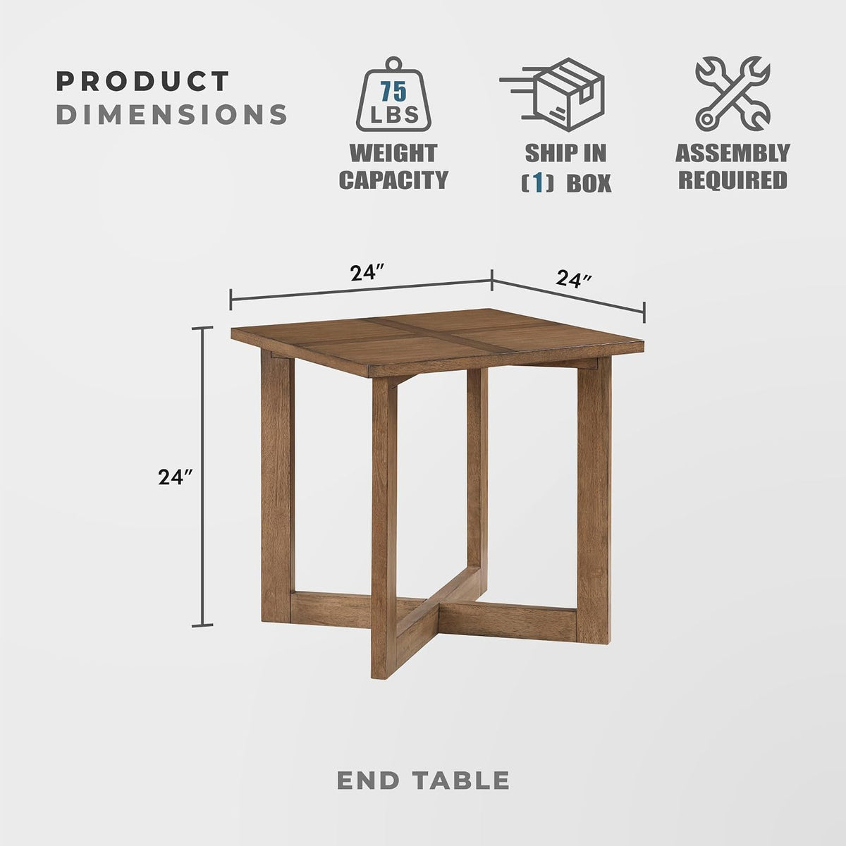 Lexicon Modern Square End Table with Cross Legs, Maple Veneer Wood Accent Table for Living Room, Bedroom, Office, Entryway, Apartment, Easy Assembly, Brown