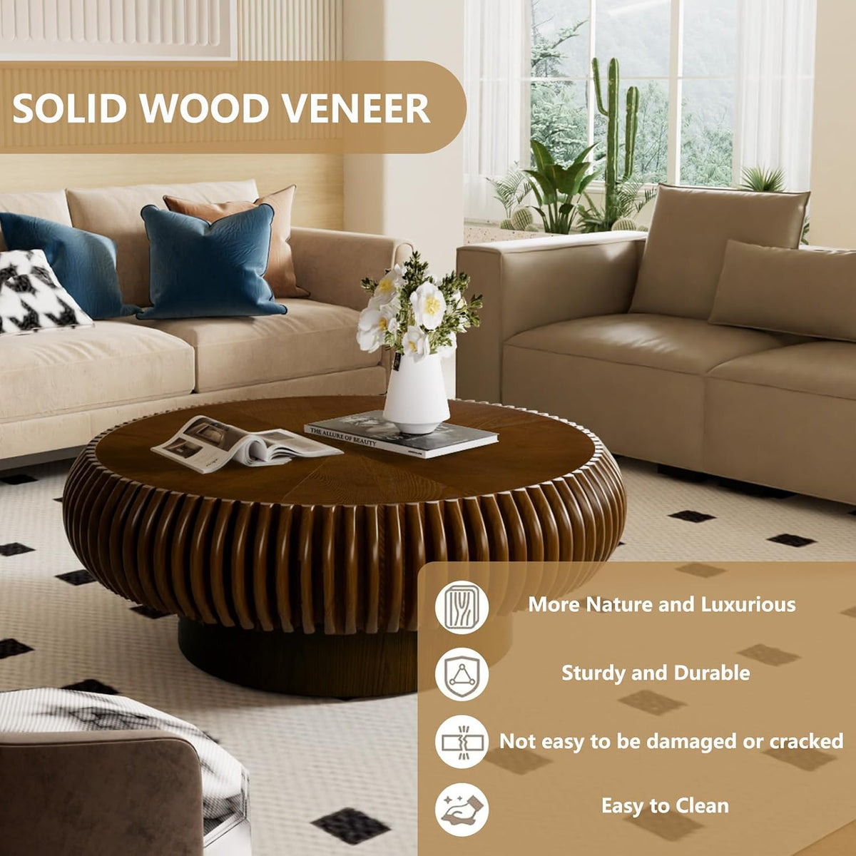 Round Handcraft Fluted Coffee Table with Sturdy Stable Pedestal Modern Luxury Drum Center Table Circle Accent Base Center Tables for Living Room Apartment (O)
