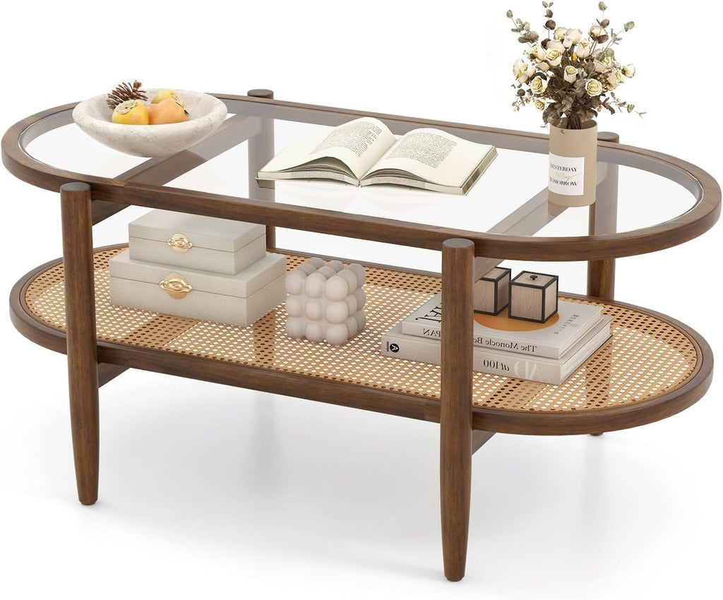 LDAILY Rattan Coffee Table, 2-Tier Mid Century Modern Center Table Oval Design with Tempered Glass Top & PE Rattan Shelf, Solid Acacia Wood Small Coffee Table for Living Room, Office, Brown (Brown)