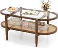 LDAILY Rattan Coffee Table, 2-Tier Mid Century Modern Center Table Oval Design with Tempered Glass Top & PE Rattan Shelf, Solid Acacia Wood Small Coffee Table for Living Room, Office, Brown (Brown)
