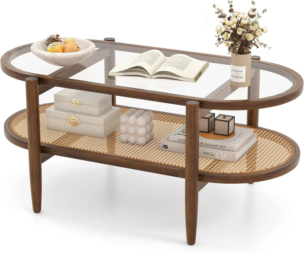 LDAILY Rattan Coffee Table, 2-Tier Mid Century Modern Center Table Oval Design with Tempered Glass Top & PE Rattan Shelf, Solid Acacia Wood Small Coffee Table for Living Room, Office, Brown (Brown)