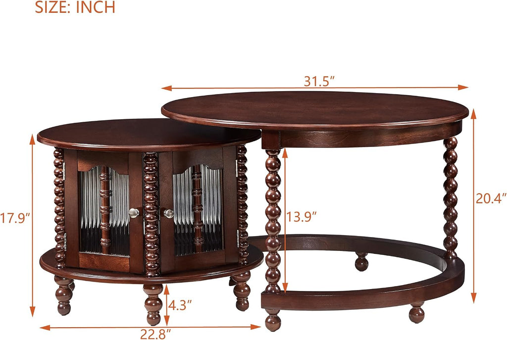 31.5' Walnut Nesting Coffee Table Set of 2, Vintage Round Coffee Table for Living Room with Storage Retro Beaded Leg End Side Table for Bedroom