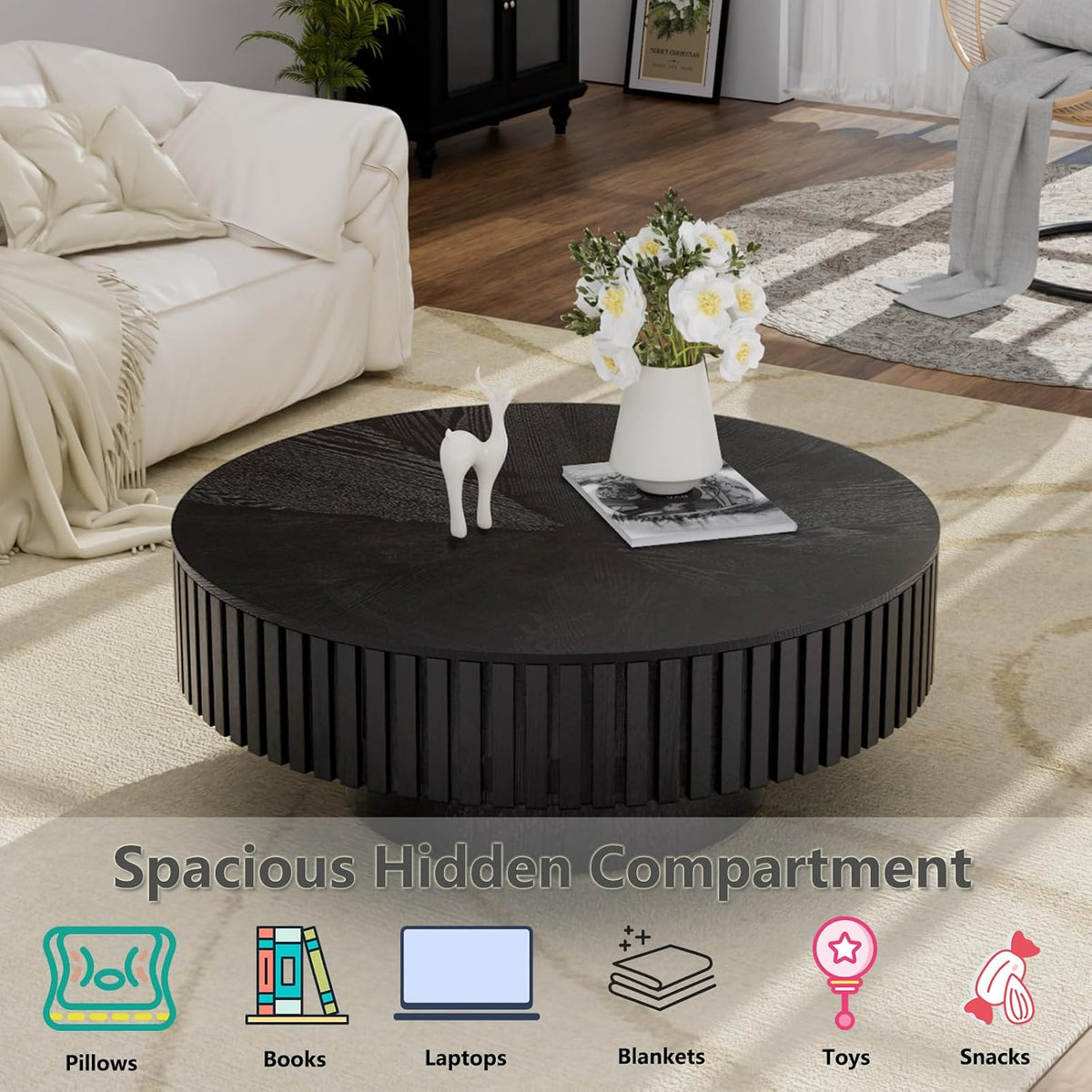 Fluted Round Coffee Table, Modern Wooden Coffee Table with Sturdy Base, Veneer Handcrafted Relief Circle Accent Center Tables for Living Room Apartment Small Space (HS)