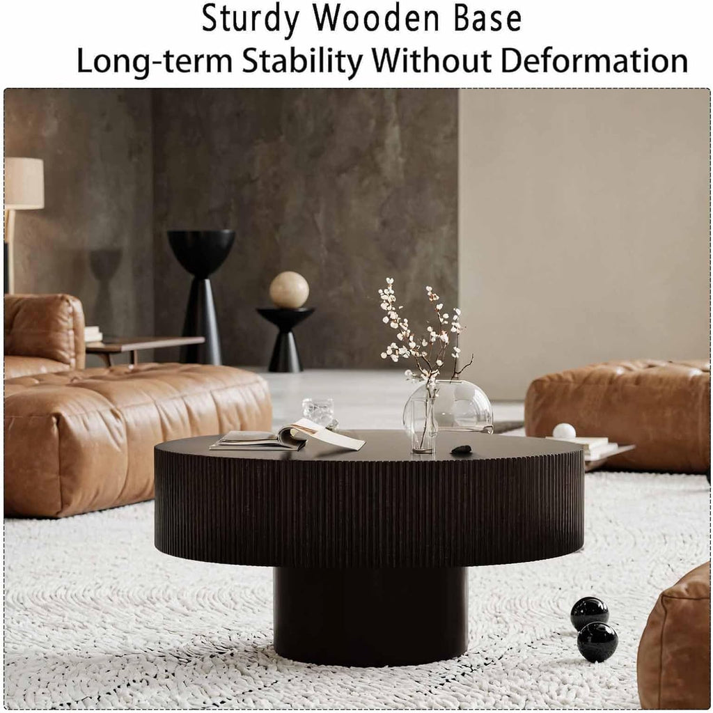 Round Fluted Coffee Table Modern Handcraft Drum Chipboard Wood Center Table, Unique Mid Century Aesthetic Low Coffee Table, for Living Room, Apartment,D