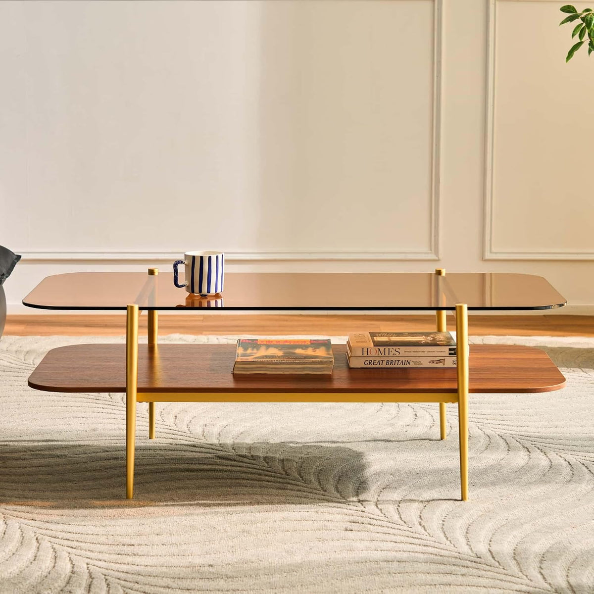 AGV LIGHTING Tadio Large Glass Coffee Table, Mid-Century Modern Coffee Table for Living Room, Gold Finish Leg, Coffee Brown Glass Top & Walnut Brown Shelf, 47 in Rrounded Corners