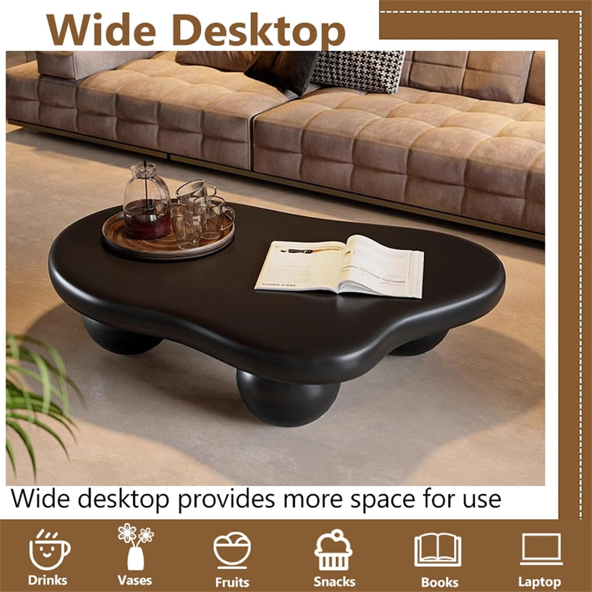 Cloud Coffee Table Modern Cute Coffee Tables Irregular Simple Tea/Center Table for Small Space End Table for Living Room, Home Office, Indoor (Irregular Shape Black 47' Wx35.4 Dx15.3 H)