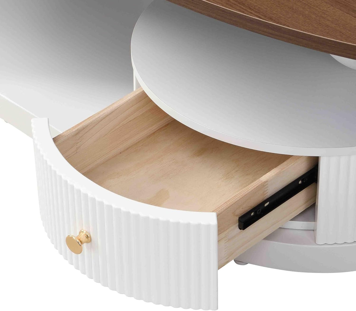 Modern Nesting Coffee Table Set of 2, 2-Piece Oval Decorative Living Room Table Set with Brown Wooden Top and White Metal Base and 1 Drawer, Oval Coffee Table and Round End Table Set