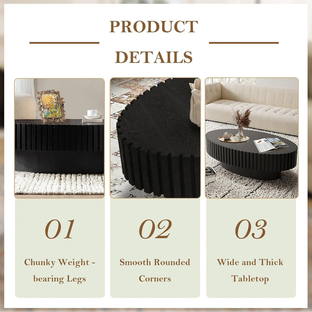 43.3' Oval Drum Fluted Coffee Table for Living Room Modern Oval Coffee Table with Pedestal Center Tables Fluted Accent Tea Tables for Apartment Living Room (E)