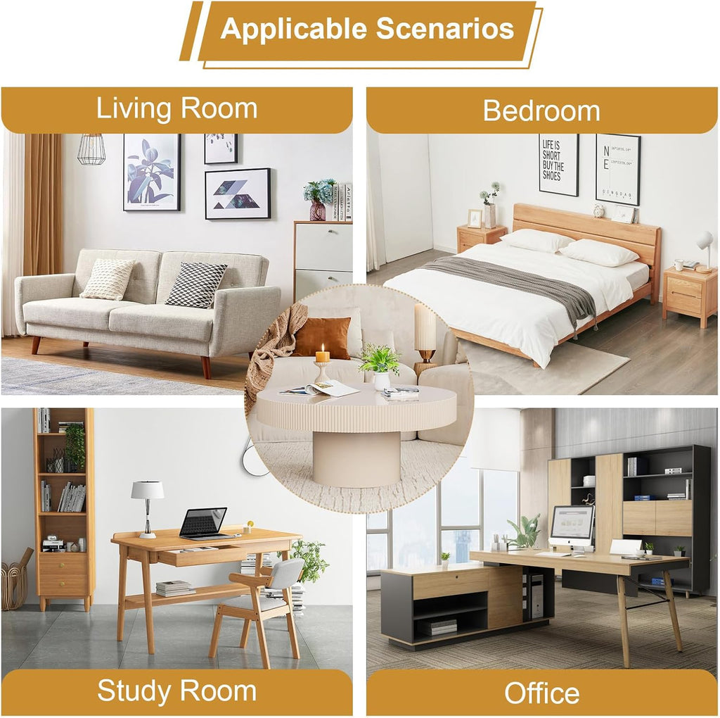 Cream Rustic Drum Round Coffee Table Modern Circle Center Table Circular Vintage Fluted Coffee Tables with Stable Pedestal, for Living Room Bedroom Farmhouse Office (P31.49IN)