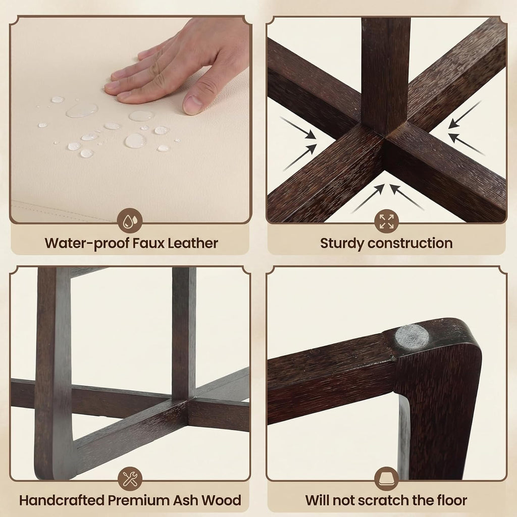 Faux Leather Square Coffee Table Ottoman,24' Coffee Table for Living Room Ottoman,Ash Wood Living Room Table,Small Footstool (Beige)