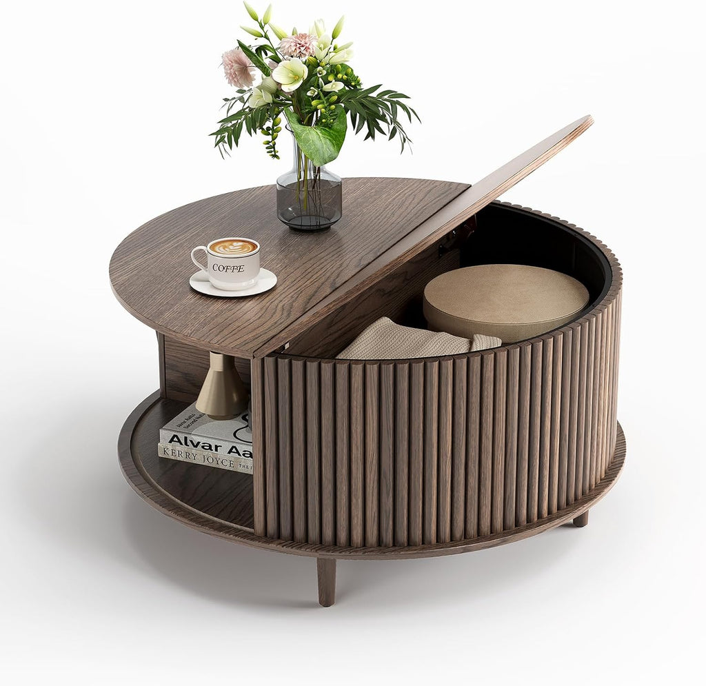 JOINICE Round Coffee Table with Storage, 31.5' Walnut Wood Drum Table, Fluted Circle Center Table for Living Room, Modern Mid Century Furniture with Sliding Door
