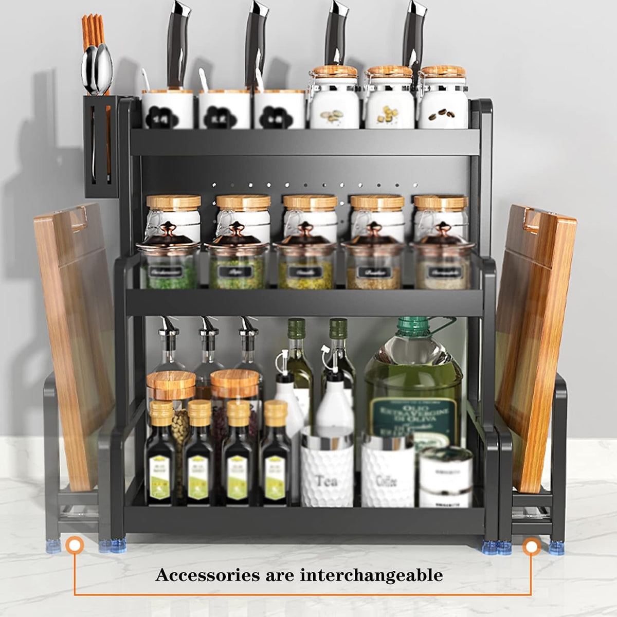 Spice Rack Black Spice Racks, Kitchen Countertop Organizer Corner Shelf,3 Tier Spice Rack Kitchen Shelf Organizer Rack, Stainless Steel Spice Storage Rack with,Black Two Layers-30CM