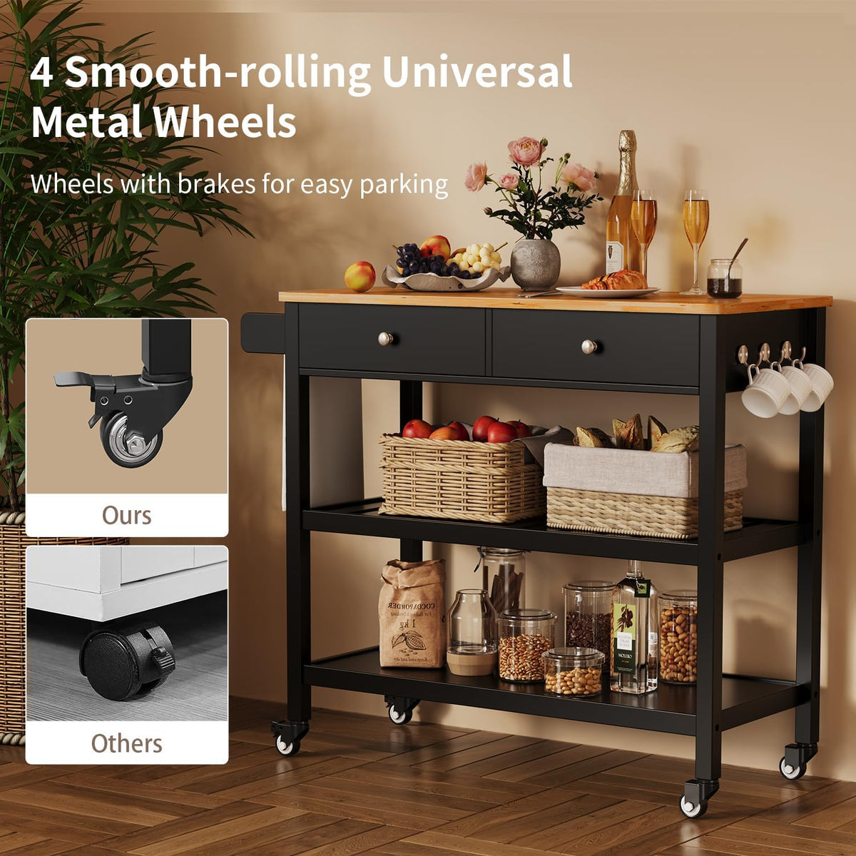 Gizoon Kitchen Island Cart with Storage, 40'' Wooden Top, 2 Tiers Spacious Shelves and Towel Bar, 2 Drawer Mobile Trolley Cart On Metal Wheels with Hooks for Dining Room, Bar, Outdoor, Black