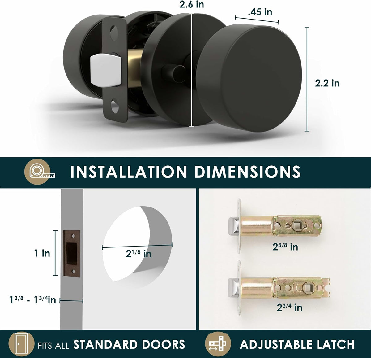 Mega Handles Buena Privacy Door Knobs - 3 Pack Reversible Interior Matte Black Door Knob, Heavy Duty Bed and Bath Door Knobs with Privacy Lock, Fits All Standard Door Sizes - Matte Black