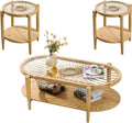RUSTOWN Rattan Coffee Table Set of 3, Boho Living Room Table Set Includes Oval Coffee Table & 2 End Tables, 3-Piece Accent Sofa Side Tables Set with Rattan & Tempered Glass Top (Natural)