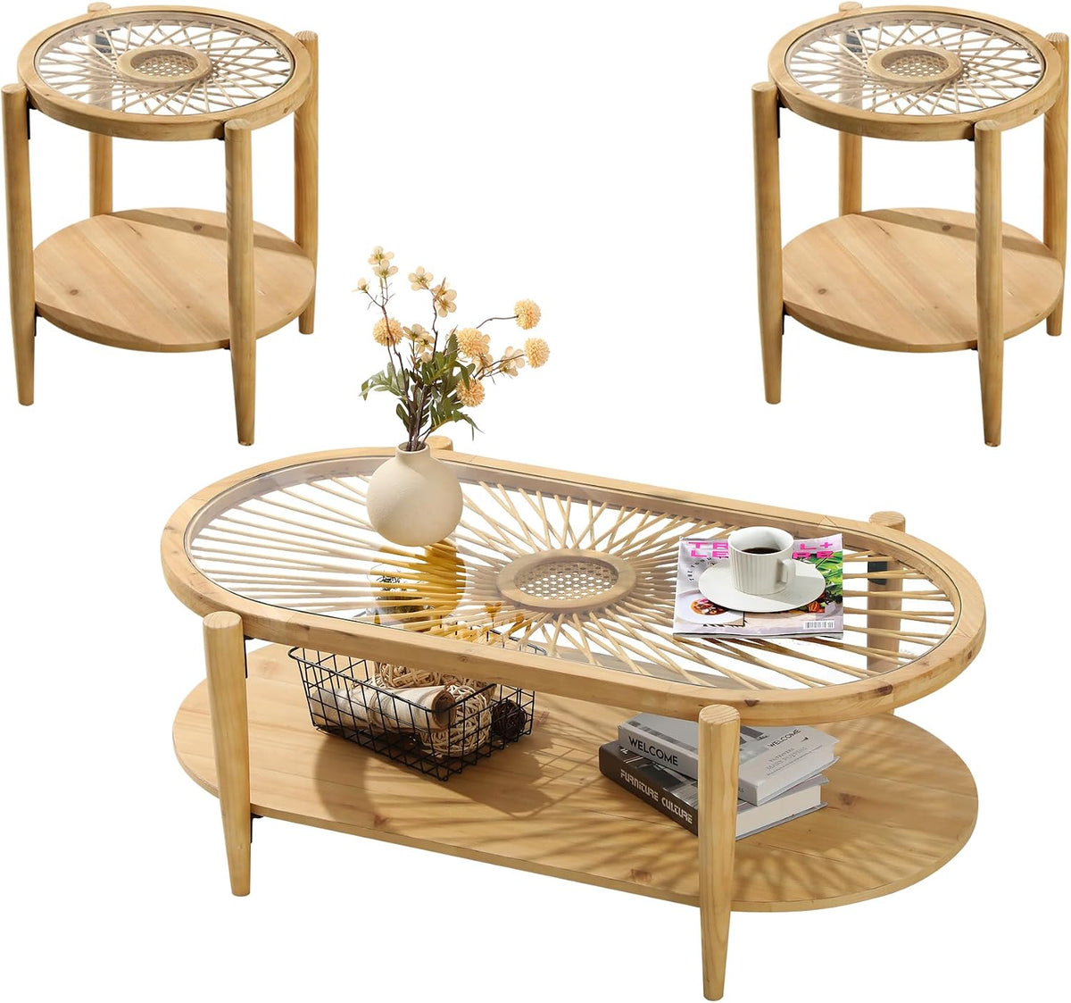 RUSTOWN Rattan Coffee Table Set of 3, Boho Living Room Table Set Includes Oval Coffee Table & 2 End Tables, 3-Piece Accent Sofa Side Tables Set with Rattan & Tempered Glass Top (Natural)