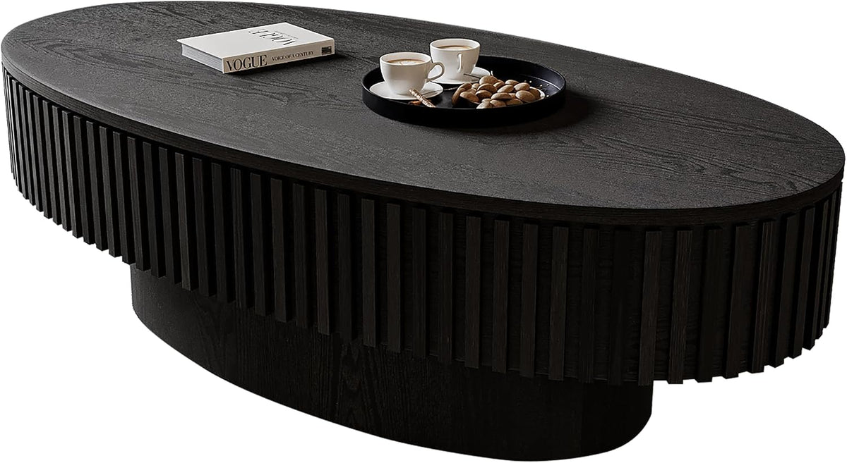 47 Inch Oval Coffee Table, Fluted Coffee Table with Storage, Wooden Center Tables for Living Room, Black