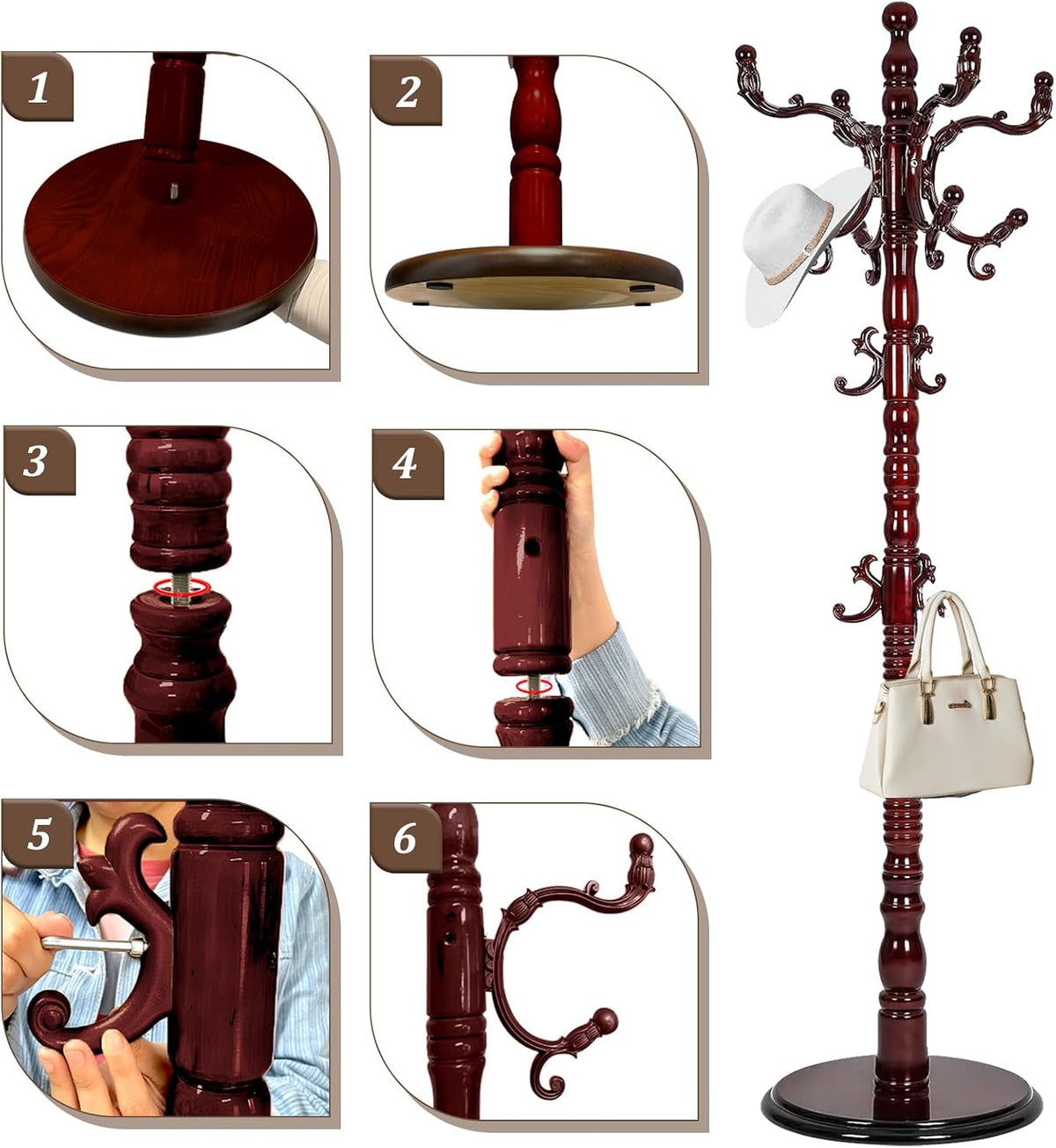 73'Vintage Wooden Coat Rack Freestanding,With 14 Hooks and Sturdy Round Base.Sturdy and Durable Standing Coat Racks，Adjustable Wooden Freestanding Coat Rack for Offices, Bedrooms (Mahogany)