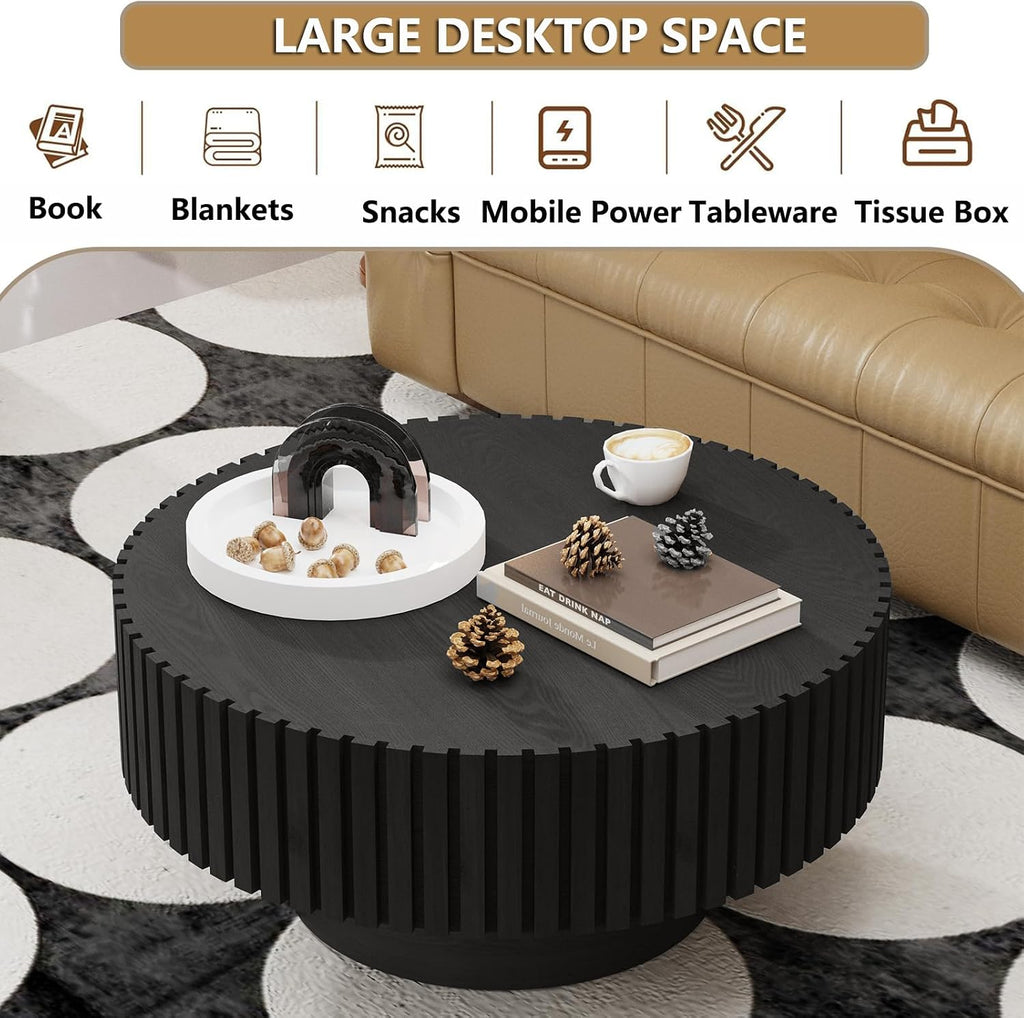 Round Handcraft Fluted Coffee Table with Sturdy Stable Pedestal Modern Luxury Drum Center Table Circle Accent Base Center Tables for Living Room Apartment (F)