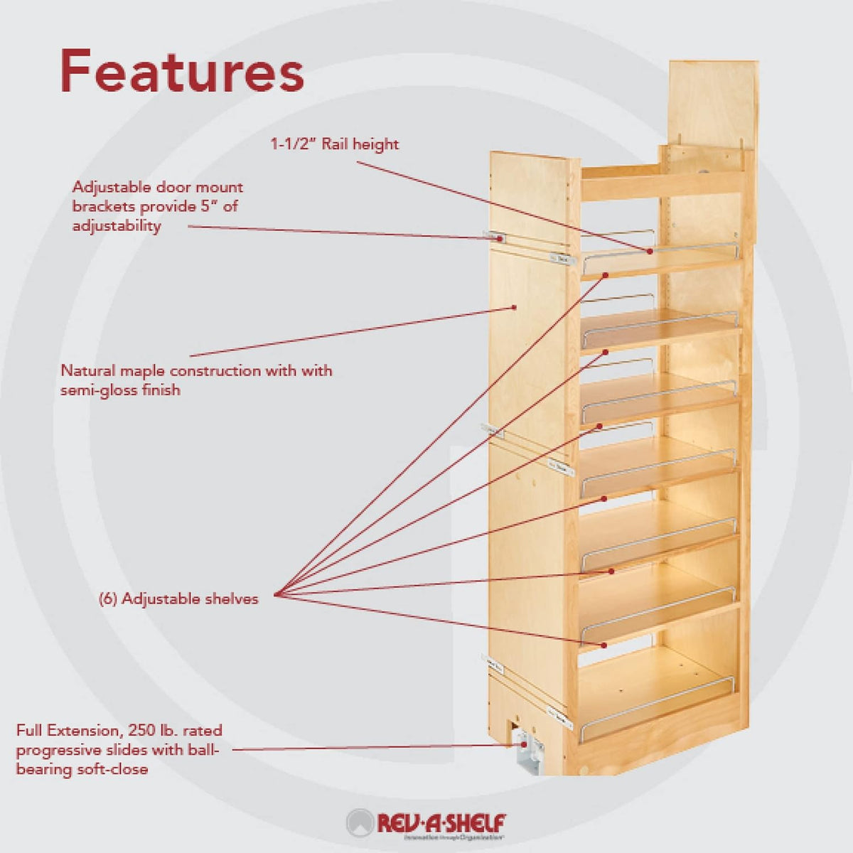 Rev-A-Shelf Wood Tall Cabinet Pull Out Pantry Organizer w/Soft Close