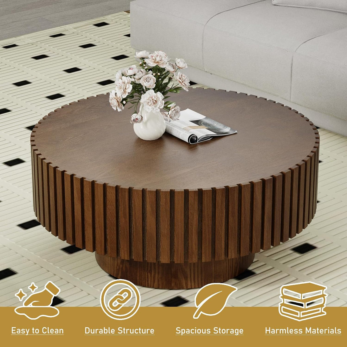 Round Drum Coffee Table 31.5' Wooden Coffee Tables Handcrafted Fluted Drum Coffee Table Modern Luxury Circle Center Table Vintage Farmhouse Center Table for Living Room (Round Dark Brown)