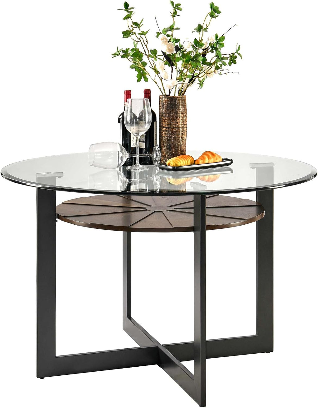 Round 45' Dining Table with 10mm Tempered Glass Top, Circle Dinner Pedestal Table for Dining Room Modern Industrial Kitchen Tables with Wood Brown Shelf and Black Metal Leg Easy Assembly CZ-B2616