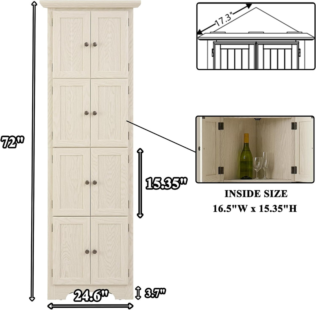 72' H Farmhouse Corner Storage Cabinet with 8 Doors & 4 Shelves, 4 Tier Kitchen Corner Pantry Cabinet Wooden Organizer Case Bookshelf, Home Space Saver Cabinet for Kitchen,Living Room(White)