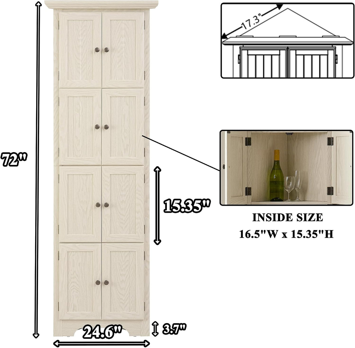 72' H Farmhouse Corner Storage Cabinet with 8 Doors & 4 Shelves, 4 Tier Kitchen Corner Pantry Cabinet Wooden Organizer Case Bookshelf, Home Space Saver Cabinet for Kitchen,Living Room(White)