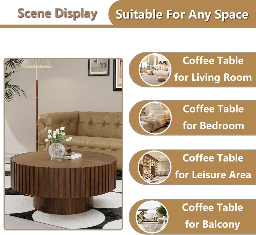 Round Handcraft Fluted Coffee Table with Sturdy Stable Pedestal Modern Luxury Drum Center Table Circle Accent Base Center Tables for Living Room Apartment (G)