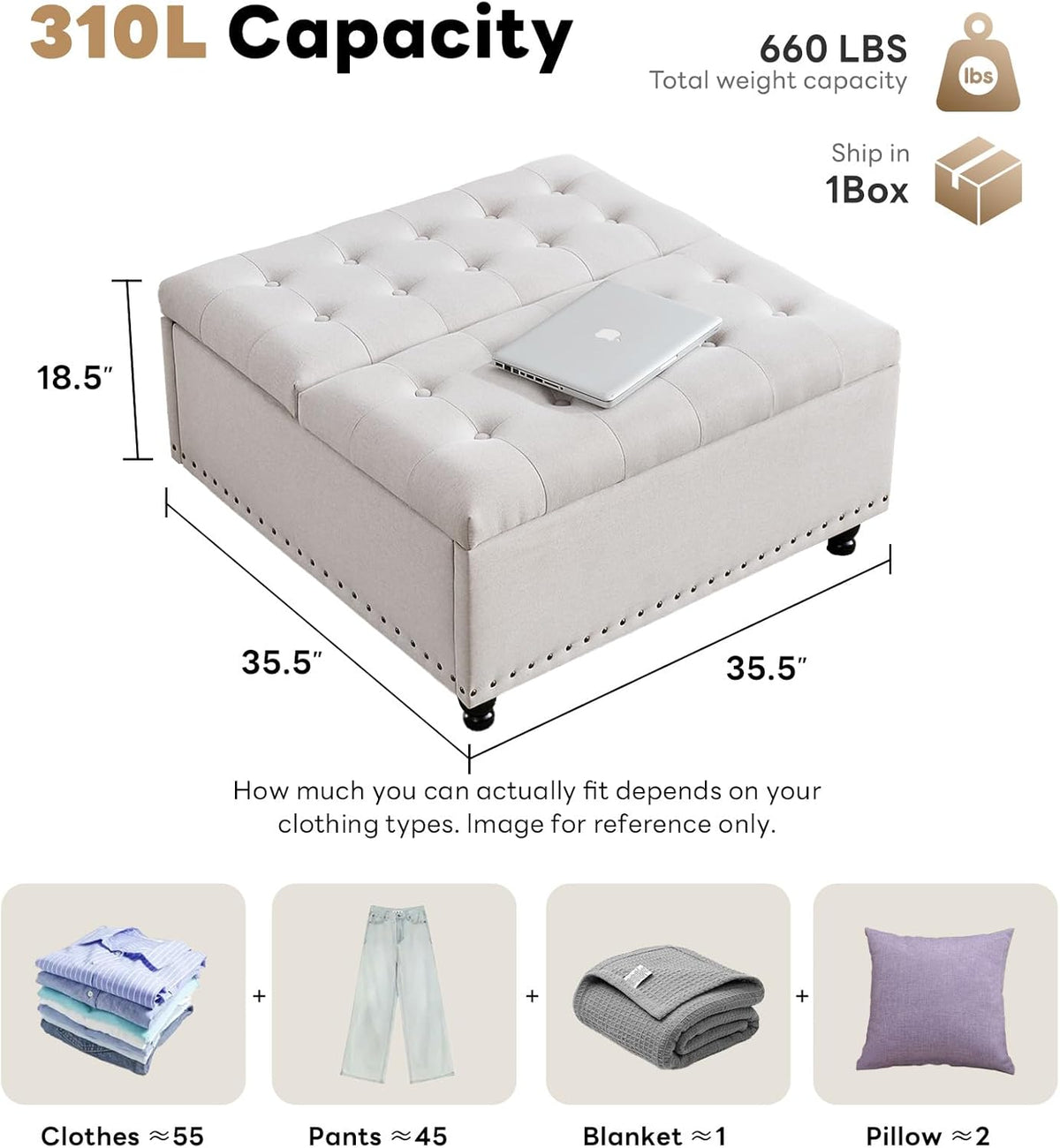 Tbfit 35.5'' Large Square Storage Ottoman, Oversized Coffee Table with Lift Top & Solid Wood Legs, Transitional Tufted Upholstered Ottomans Bench for Living Room, Linen Foot Stool for Dorm, Beige