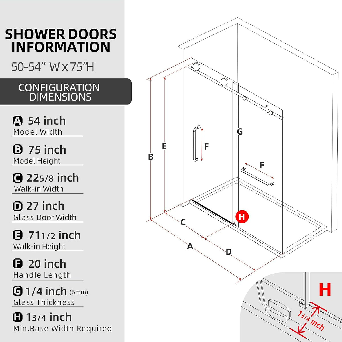 Frameless Glass Shower Door 50-54'' W x 75'' H, Single Sliding Shower Door, ANSI Tempered Clear Glass with Nano Coating, Matte Black, Stainless Steel Hardware, Low Threshold, Quiet Rollers