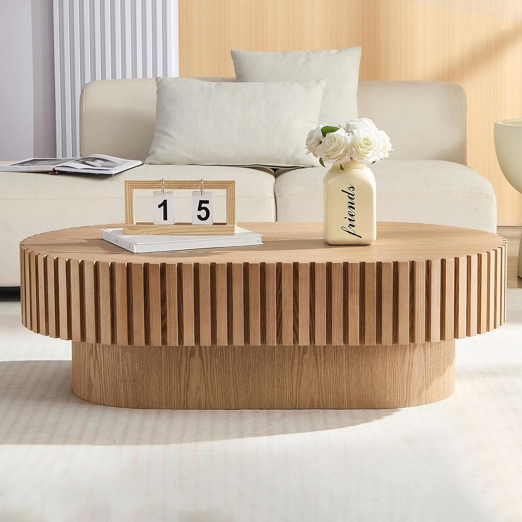 43.70' Oval Coffee Table for Living Room, Mid Century Modern Wooden Fluted Tea Table with 34' Pedestal, Unique Drum Coffee Table Tea Table Side Center Table for Apartment Small Space, Natural Ash