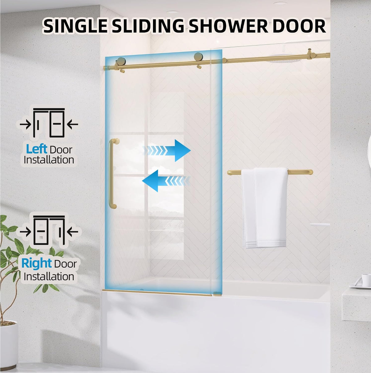 Sliding Tub Shower Door 56-60 in. W x 60 in. H Frameless Bypass Bathtub Shower Doors 1/4 inch Clear Tempered Glass Tub Door for Walk-in Shower Brushed Gold Harewares