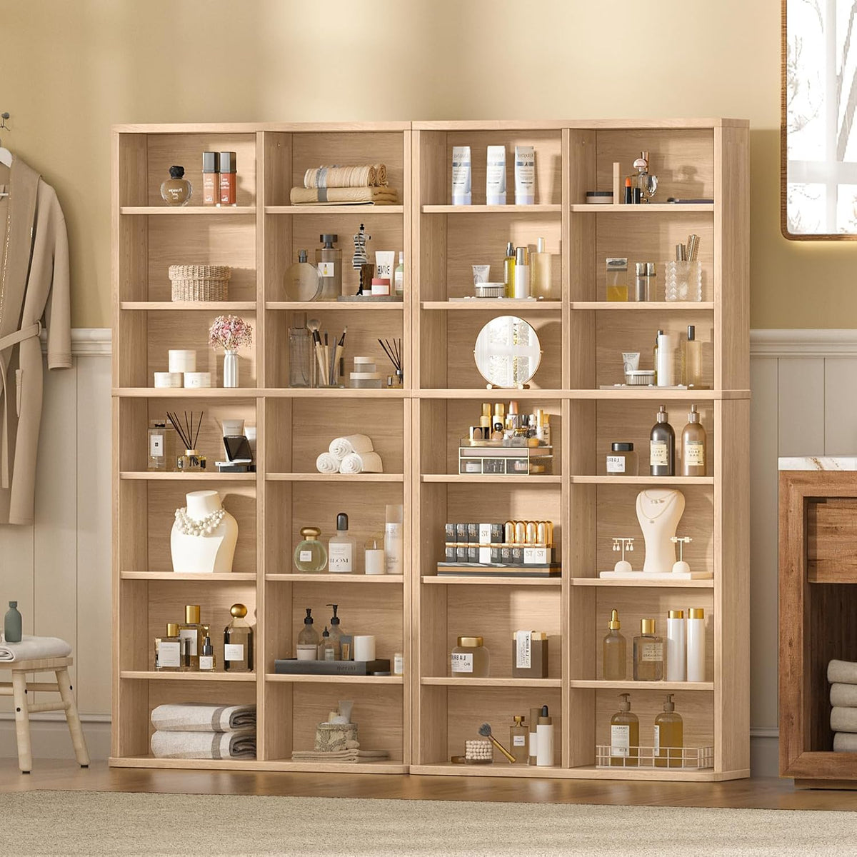 7 Tier Tall Display Cabinet, Natural Media Storage Cabinet with Adjustable Shelves, Free Standing DVD Organizer Shelf, Floor multimedia storage manga bookshelf for Living Room & Home Office.