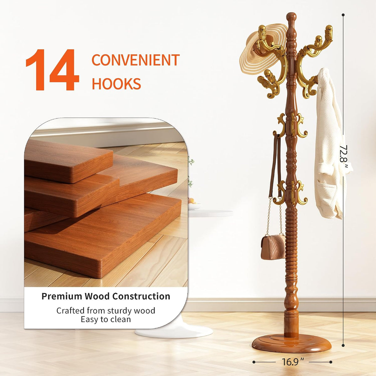 Wood Coat Rack Stand Wooden Coat Rack Freestanding Hall Coat Tree with Sturdy Round Base and 14 Hooks for Hats Bags Purses Vintage Coat Tree Hanger Stand for Entryway Hallway Bedroom, Begonia