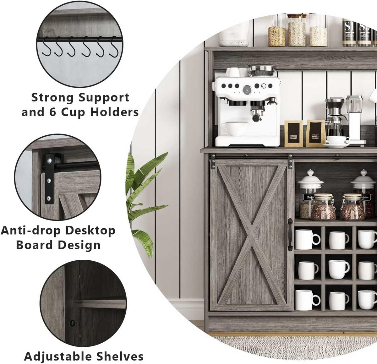 4ever2buy Farmhouse Coffee Bar Cabinet with 9 Wine Racks and 6 Hooks, 47 Inch Wine Cabinet with Storage, Kitchen Buffet Cabinet with Adjustable Shelves for Living Dining Room, Grey