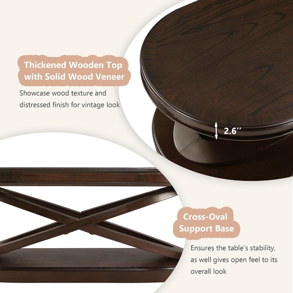 Vintage 2-Tier Oval Coffee Table 44-Inch Living Room Center Table Accent Furniture for Home Office, Easy Assembly & Durable, Espresso