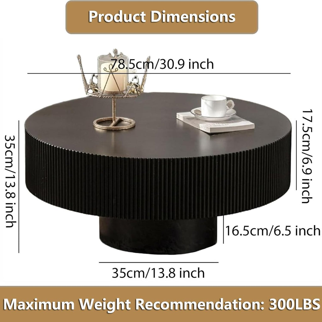 Round Handcraft Fluted Coffee Table with Sturdy Stable Pedestal Modern Luxury Drum Center Table Circle Accent Base Center Tables for Living Room Apartment (H)