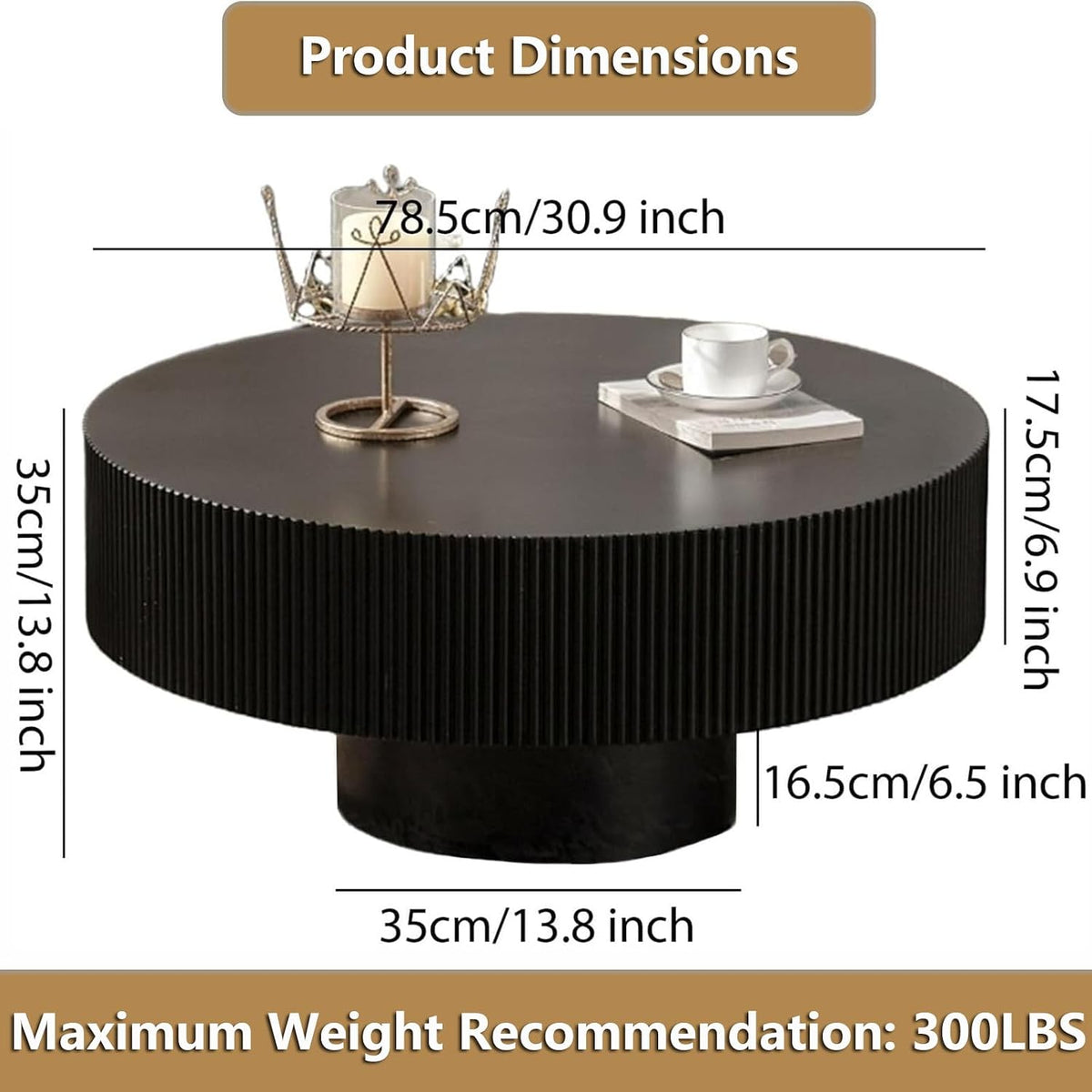 Round Handcraft Fluted Coffee Table with Sturdy Stable Pedestal Modern Luxury Drum Center Table Circle Accent Base Center Tables for Living Room Apartment (H)