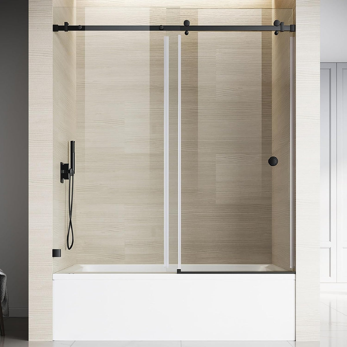 56'- 60' W×66' H Frameless Stainless Steel Sliding Shower Door in Matte Black with 3/8' (10mm) Certified Tempered Clear Glass. The Princess Series UKS09-6066-MBL