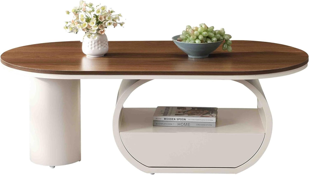 Coffee Table of 2,Oval Central Table with Wood/Marble Grain Top and Drawer,Modern Tea Table for Living Room Bedroom