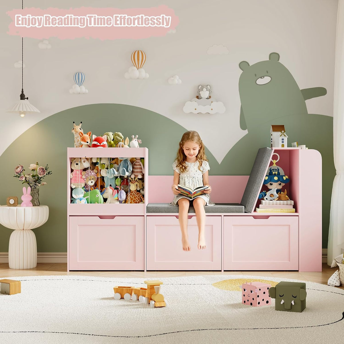 66.9' Kids Reading Nook, Toy Storage Organizer with Stuffed Animal Storage, Bench and Removable Cushions, Wooden Toddler Bookshelf with 3 Movable Drawers for Nursery, Playroom (Pink)