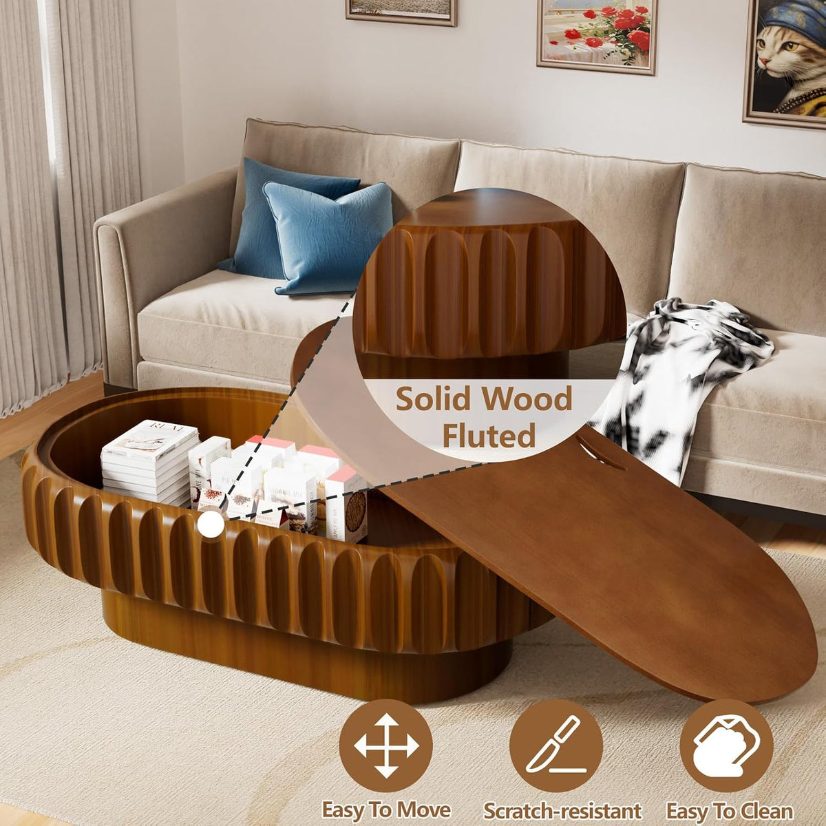 43.3'' Oval Coffee Table with Storage Modern Fluted Drum Coffee Tables with Solid Wood Veneered, Accent Center Table Tea Table for Living Room, Apartment, Home, Office (Brown Oval43.3)