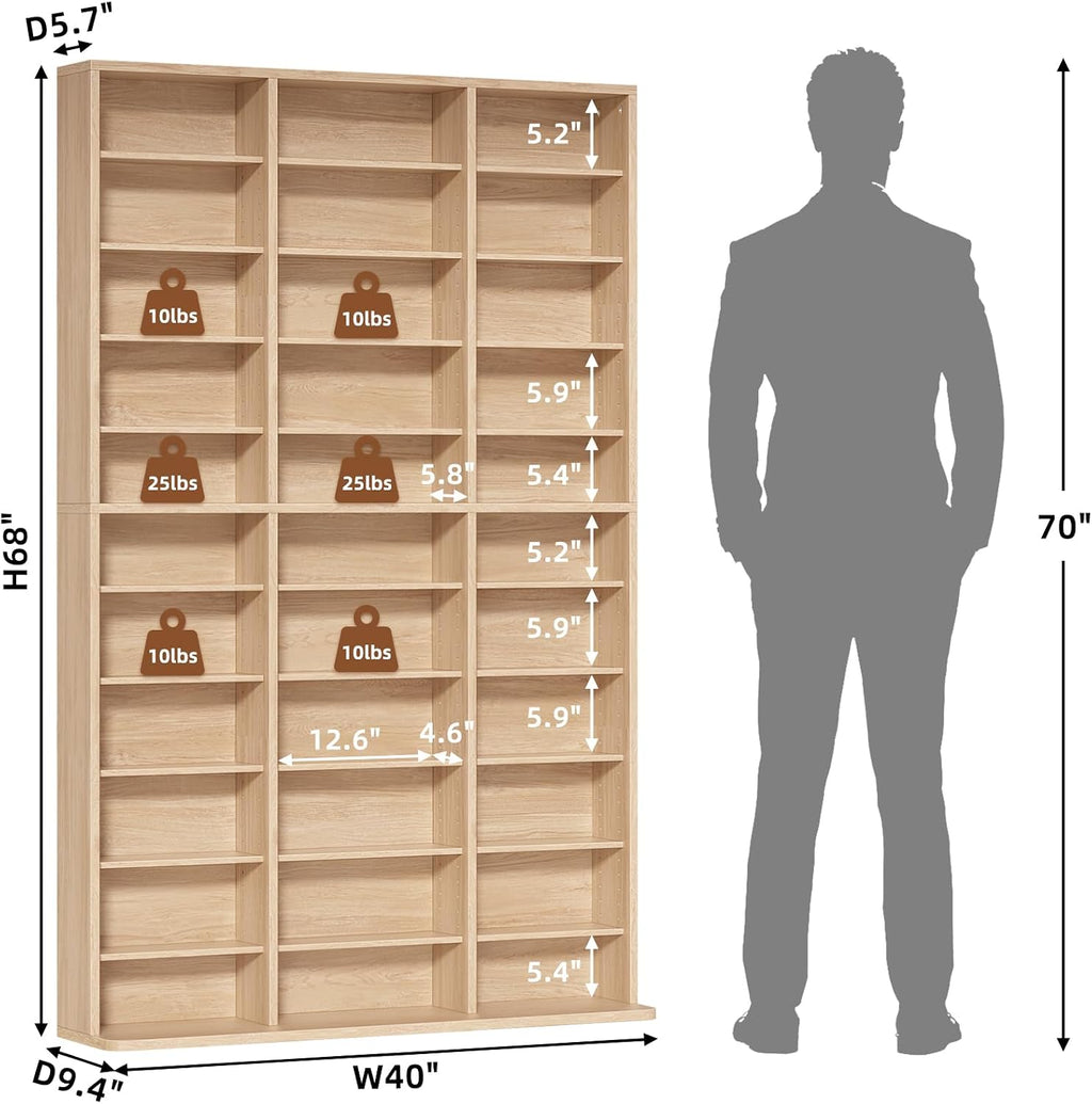 11 Tier Tall Display Cabinet, Natural Media Storage Cabinet with Adjustable Shelves, Free Standing DVD Organizer Shelf, Floor multimedia storage manga bookshelf for Living Room & Home Office.