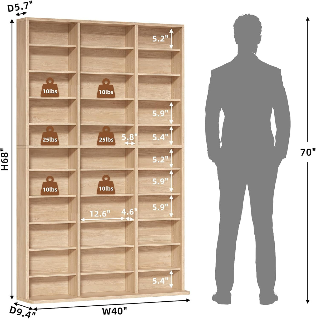 11 Tier Tall Display Cabinet, Natural Media Storage Cabinet with Adjustable Shelves, Free Standing DVD Organizer Shelf, Floor multimedia storage manga bookshelf for Living Room & Home Office.