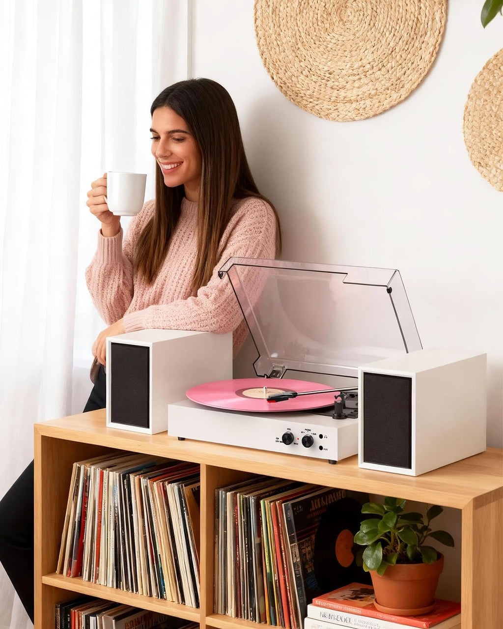Bluetooth Record Player with External Stereo Speakers, Vintage 3-Speed Turntable | PC Recording Vinyl to MP3 | RCA Headphone Output & AUX Input for External Audio, White