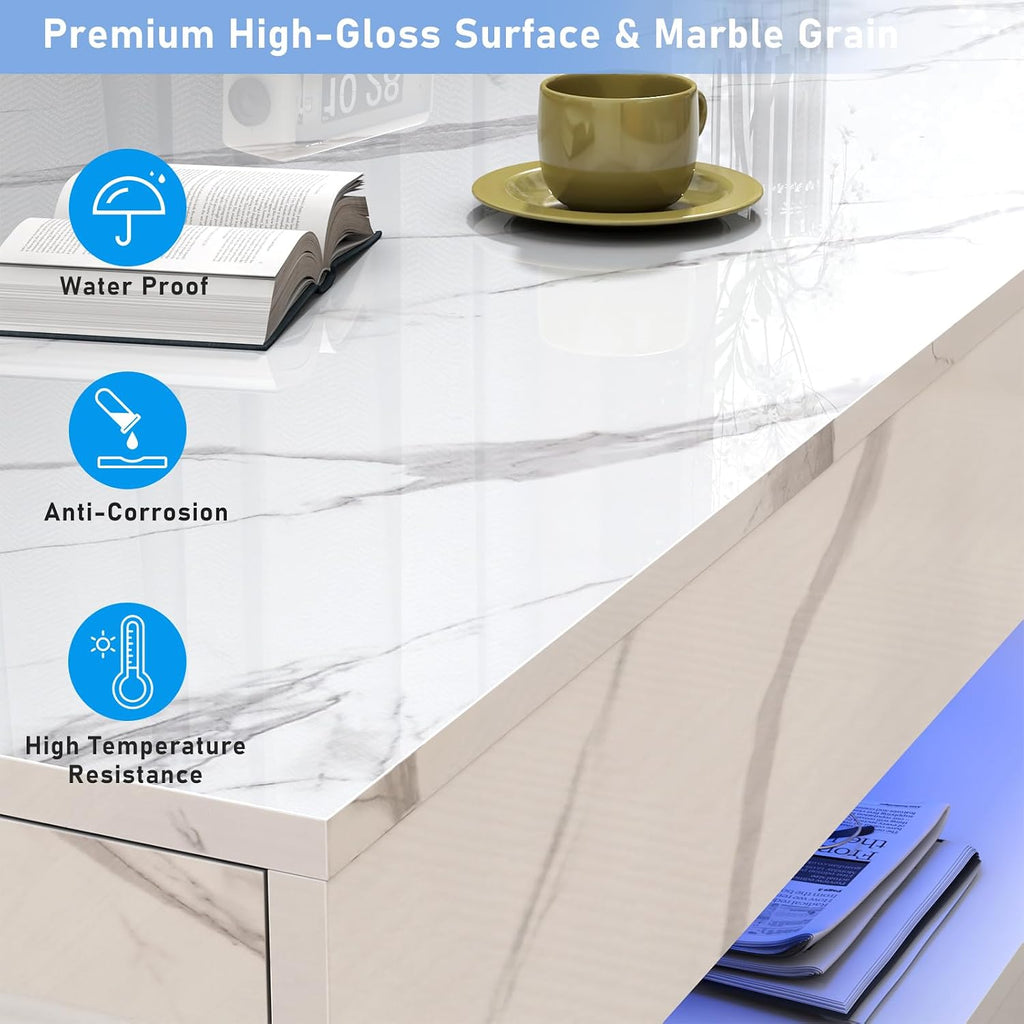 chartustriable 47.2' Large High-Glossy LED Coffee Table with 2 Sliding Drawers, Living Room Storage Coffee Tables with Marbling Print, Modern Stylish Double-Layer Center Tables w/LED Lights, White