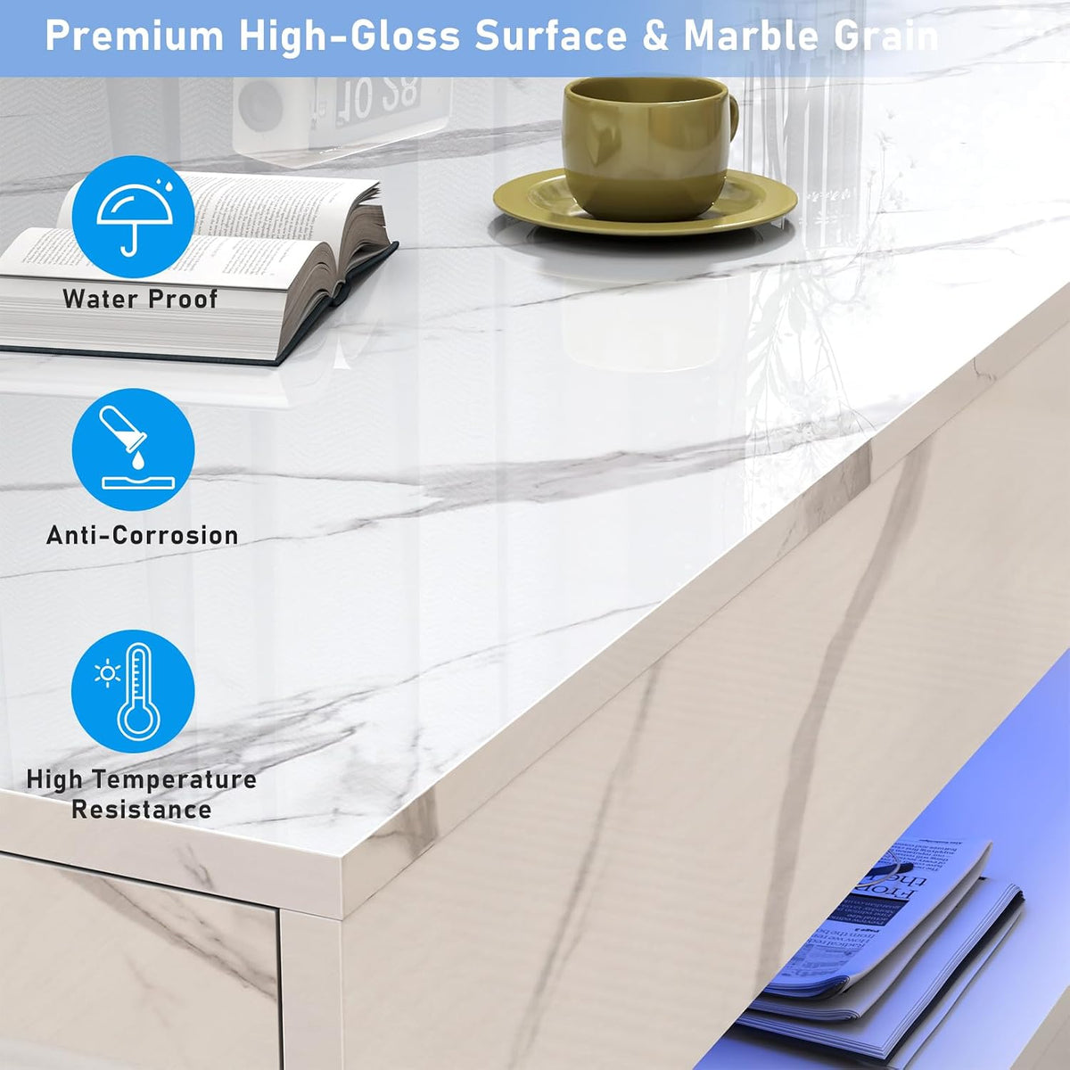 chartustriable 47.2' Large High-Glossy LED Coffee Table with 2 Sliding Drawers, Living Room Storage Coffee Tables with Marbling Print, Modern Stylish Double-Layer Center Tables w/LED Lights, White